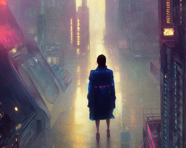 Image similar to 2 0 1 8 blade runner movie still girl look at the cityscape from roof perfect face fine realistic face pretty face neon puffy jacket blue futuristic sci - fi elegant by denis villeneuve tom anders zorn hans dragan bibin thoma greg rutkowski ismail inceoglu illustrated sand storm alphonse mucha