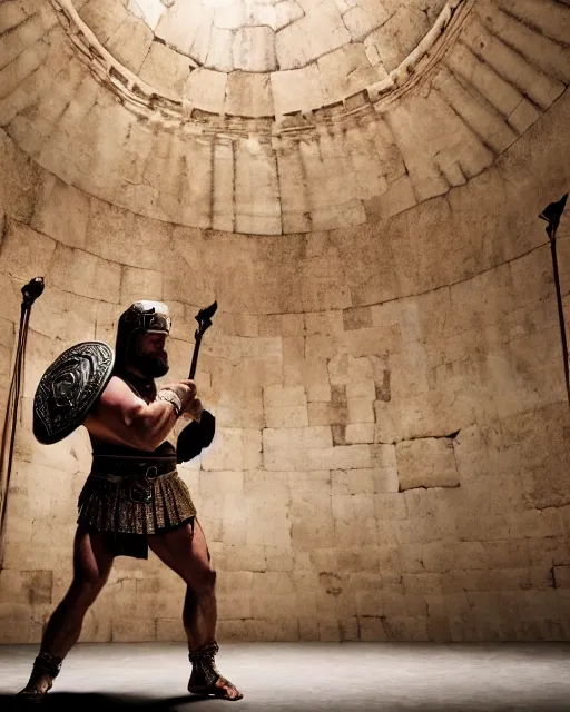 Image similar to high quality photo of joe rogan as a gladiator in the roman colliseum, ornate, masterpiece, cinematic composition, studio lighting,