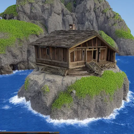 Image similar to house on the island rock, unreal engine, high detail, realism, award winning, detailed lighting