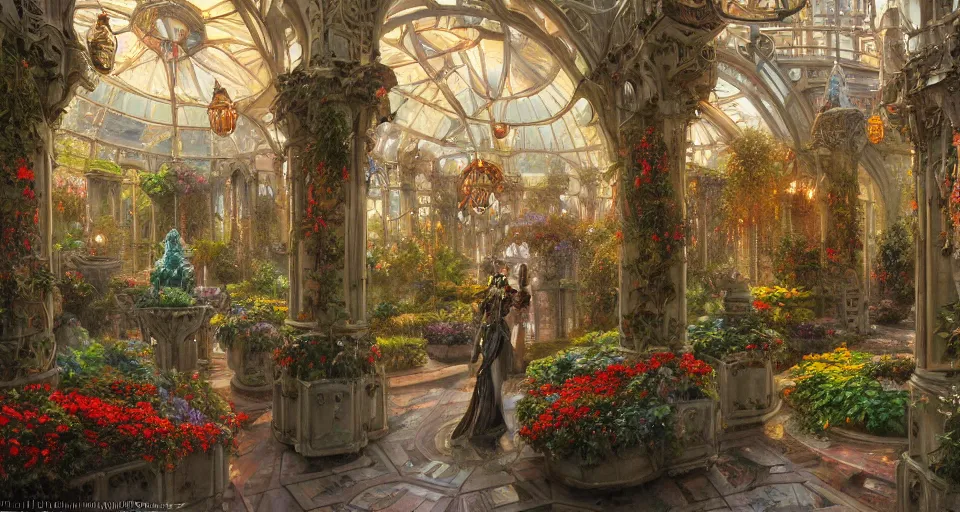 Prompt: an oil painting by donato giancola, warm coloured, cinematic scifi luxurious futuristic foggy hydroponic victorian garden circular courtyard with bulbous stained glass floral fungi cactus growing out of pretty ceramic baroque fountains, gigantic pillars and flowers, beeple, star wars, ilm, star trek, jim burns, artstation, atmospheric perspective