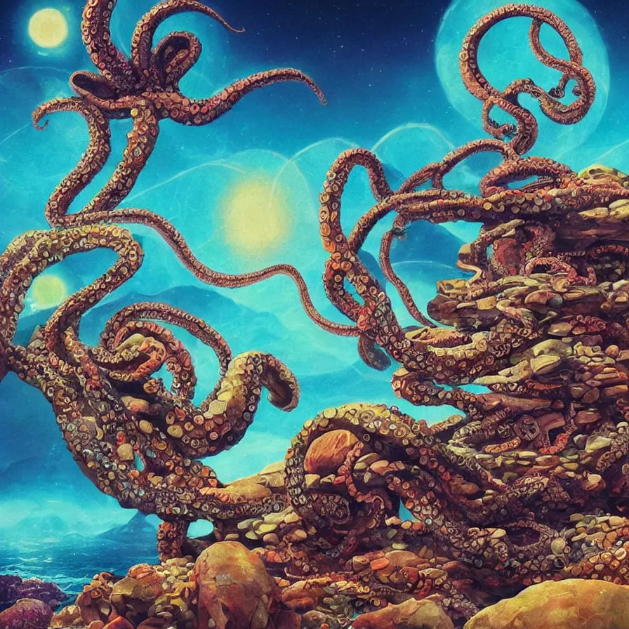 Prompt: album art, retrofuturism, of different coloured rocks, with big octopus creatures, rocky landscape, floating waterfalls, omni magazine, beautiful visuals