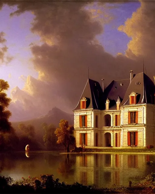 Image similar to beautiful illustration of chateau in a serene landscape, by albert bierstadt, magic realism, narrative realism, beautiful matte painting, heavenly lighting, retrowave, 4 k hd wallpaper