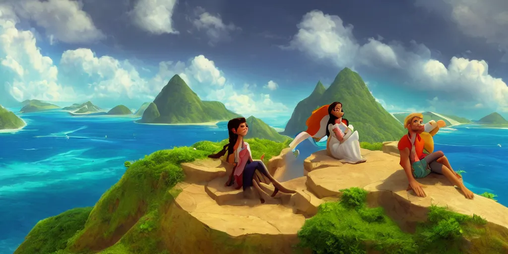 Prompt: a beautiful couple sitting on a cloud in the sky above emerald lagoon of Sint-Marteen, mattepainting concept Blizzard pixar maya engine on stylized background global illumination lighting artstation in the style of The Road to El Dorado