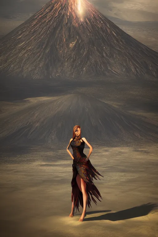 Prompt: a girl in a magnificent dress stands near a volcano, afar, fullbody, in full growth, photorealistic, high resolution, trending on artstation, highly detailed, volumetric lighting, 35mm