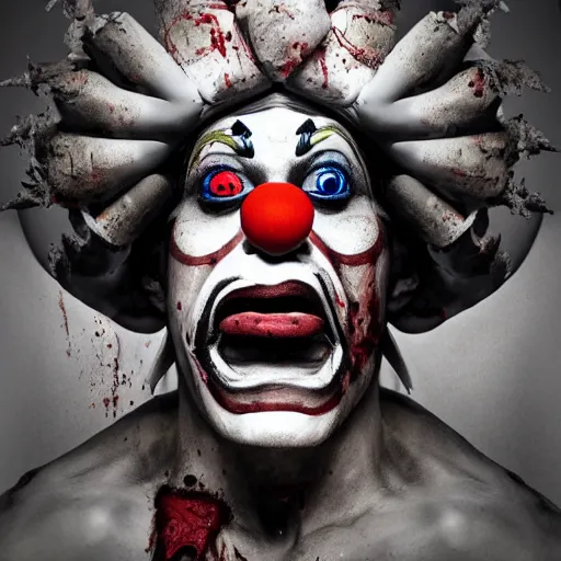 Image similar to 4K headshot of godlike clown with clown nose and defined arms and open hands and bloody clothes with giant mandala wings , intricate runny clown face make-up , flawless anime cel animation by Kentaro Miura, psychedelic , highly detailed upper body , professionally post-processed , beautiful, scary, symmetry accurate features, epic, octane rendered, anime masterpiece, accurate