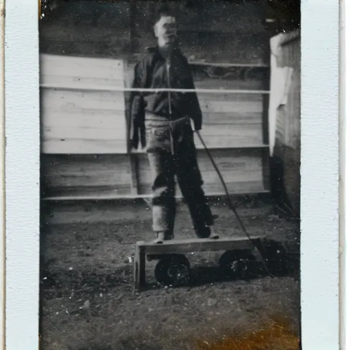 Prompt: a polaroid photo of a man using hand jack pallet