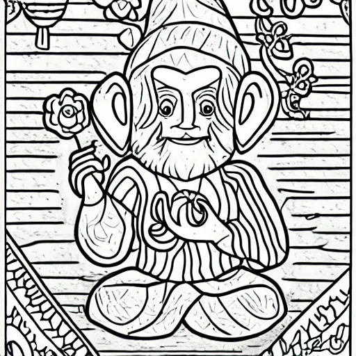 Image similar to gnome yoga poses coloring book page, high detail