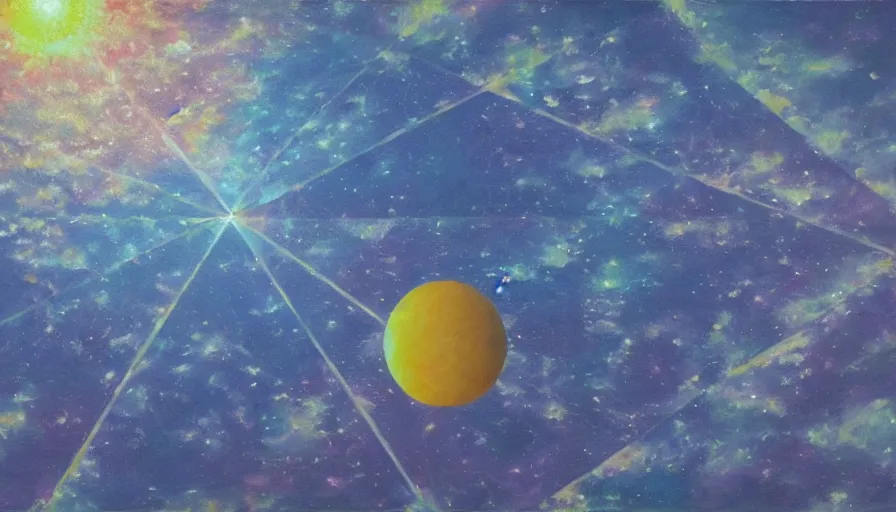 Image similar to hexagonal solar sail, floating in space blocking the sun, oil painting