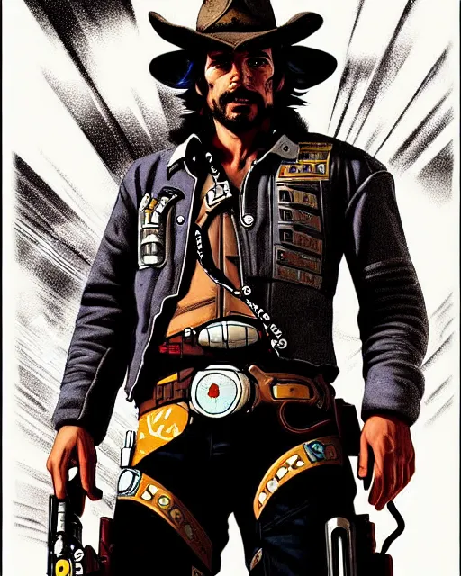 Image similar to mccree from overwatch, cyber space cowboy, character portrait, portrait, close up, concept art, intricate details, highly detailed, vintage sci - fi poster, retro future, vintage sci - fi art, in the style of chris foss, rodger dean, moebius, michael whelan, and gustave dore