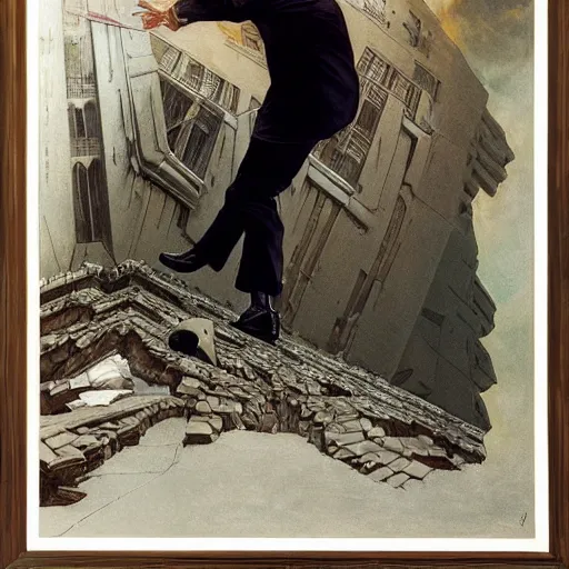 Image similar to immense, majestic, surreal, terrifying joe biden crushing buildings under his heel, perfectly clear face, by j. c. leyendecker and beksinski