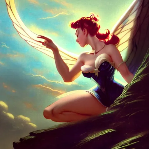 Image similar to 3 / 4 view of a woman with wings, pixie character, genshin impact, fantasy magic, dark light night, intricate, elegant, sharp focus, illustration, highly detailed, concept art, matte, anime, trending on artstation,, by greg rutkowski, gil elvgren, earl moran, enoch bolles, anime, maxim magazine h 6 4 0