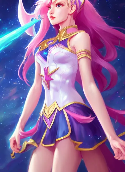 Image similar to full body portrait of a magical star guardian. detailed face, concept art, intricate, highly detailed 8 k, smooth, sharp focus, beautiful and aesthetic shape of face and body, artgerm, artstation, art by zexi guo and nira and junpei suzuki and gharliera and rinotuna