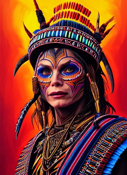 Image similar to portrait of michelle pfeiffer, hyper detailed ultra sharp aztec shaman warrior. trending on artstation, warpaint aesthetic, bloodwave, colorful, psychedelic, ornate, intricate, digital painting, concept art, smooth, sharp focus, illustration, art by artgerm and greg rutkowski and h. r. giger, 8 k