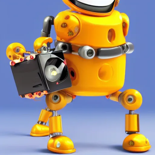 Image similar to a cool mechanic robot chick, with a tv head and gears and bolts everywhere on its body, doing karate moves in the air and swinging an electric guitar, 3 d render by pixar and disney