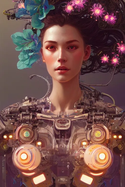 Image similar to beautiful female mechanical android!, half portrait, neon flowers, intricate detailed environment, photorealistic!, floro details, intricate, elegant, highly detailed, digital painting, artstation, concept art, smooth, sharp focus, illustration, art by artgerm and greg rutkowski and alphonse mucha