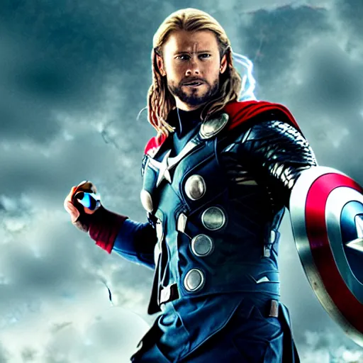 Image similar to Thor use his hammer and smash captain America shield , cinematic, dramatic, FX , hyper real