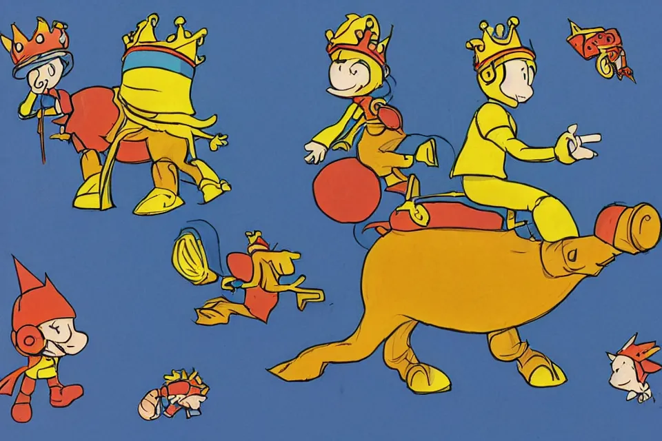 Prompt: concept sketches of a young boy riding a wearing a gold crown riding a large pig by jamie hewlett, in the style of megaman