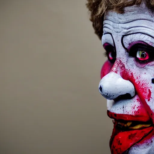 Image similar to full body head to toe shot of an expressionless clown with blood splattered on him, muted tones, slightly out of focus, found footage, dutch angle