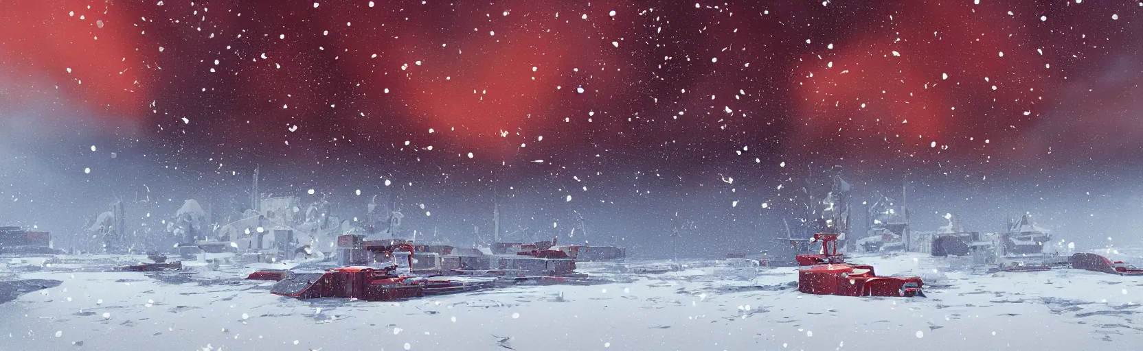 Prompt: remnant of an old intricate red russian spacecraft in the snow, snow falling from blue sky, very detailed, by Moebius, James Paick, artstation, 4k, unreal engine 5