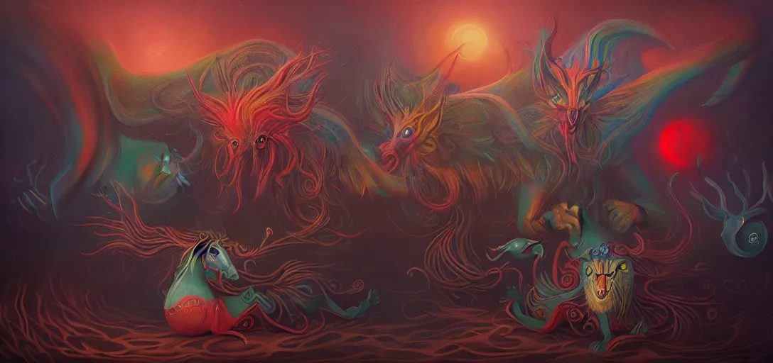 Image similar to strange mythical beasts of whimsy, surreal dark uncanny painting by ronny khalil