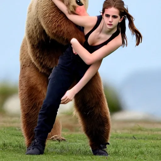 Image similar to emma watson grappling with a bear