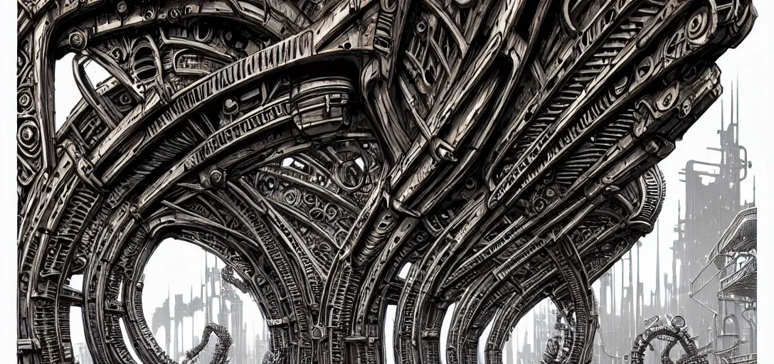 Image similar to a double helix dna cyberpunk steampunk carved archway, high details, lineart, by vincent di fate and joe fenton, inking, screen print, masterpiece, trending on artstation, sharp, high contrast, hyper - detailed, ultrawide, hd, 4 k, 8 k