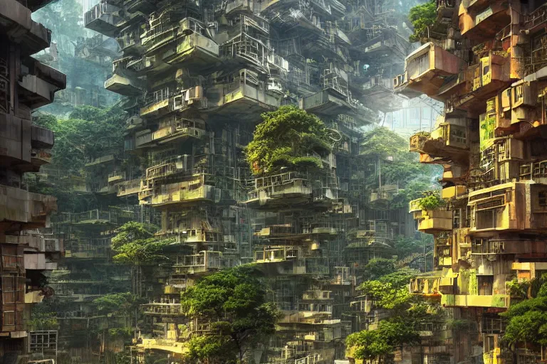 Image similar to solarpunk kowloon walled forest city built by frank lloyd wright, still from studio ghibli anime movie, cyberpunk tree house, digital art, artgerm, trending on artstation