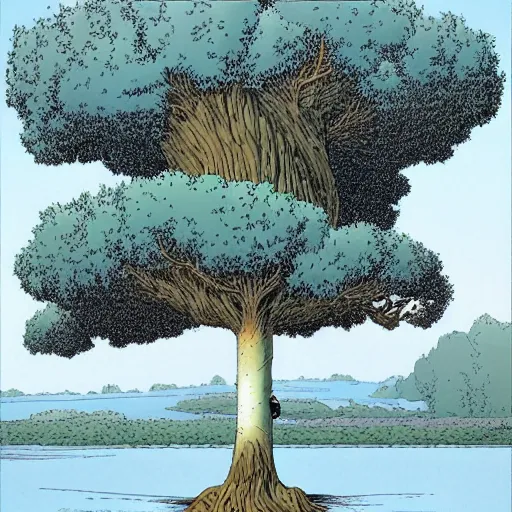 Image similar to a large tree growing from a large floating crystalline solid, by moebius