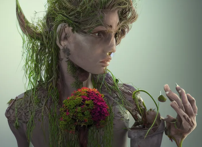 Prompt: Fantasy Alrune androgynous plant humanoid with flowers in hair plant body pitcher plant by Larry Elmore and Ilya Kushvikov, symmetrical face concept art, octane render unreal engine meta humans, artstation