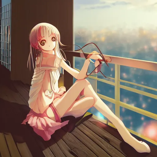 Image similar to anime girl sitting on a balcony while listening to music, anime key visual, aesthetic, trending on artstation, deviantart, artgem, perfect composition, ross draws, wlop, 8 k