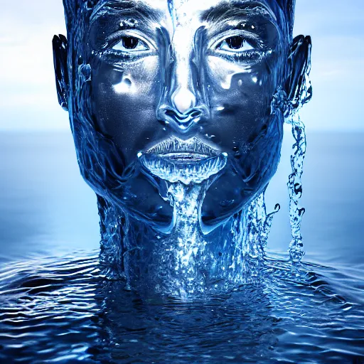 Image similar to water artwork manipulation in the shape of a human head, on the ocean water, ray tracing, realistic water sharp focus, long shot, 8 k resolution, cinematic, amazing water art