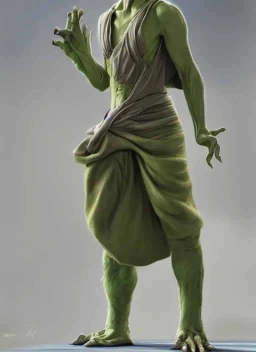 Image similar to full length photo of Yoda in a tanktop in the style of stefan kostic, full slim body, screaming. not realistic, sharp focus, 8k high definition, insanely detailed, intricate, elegant, art by stanley lau and artgerm