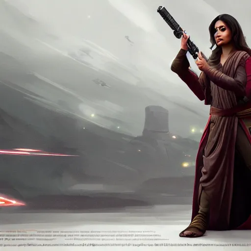 Image similar to priyanka chopra as a jedi master in brown robe, style of Raymond Swanland, cinematic, artstation