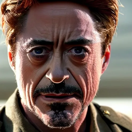 Image similar to robert downey jr in blackface in a war movie, cinematic still