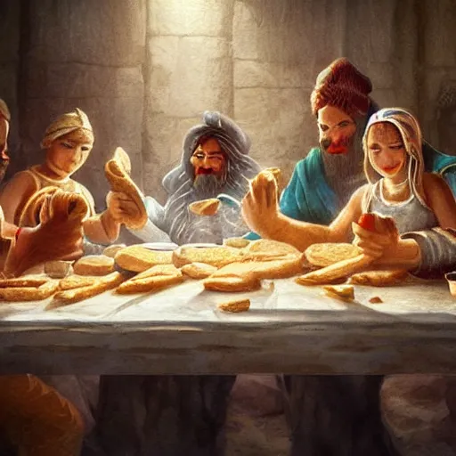 Image similar to a family of sumerians eating bread around a table, trending on pixiv, digital art, detailed, hd, cinematic, low ambient light