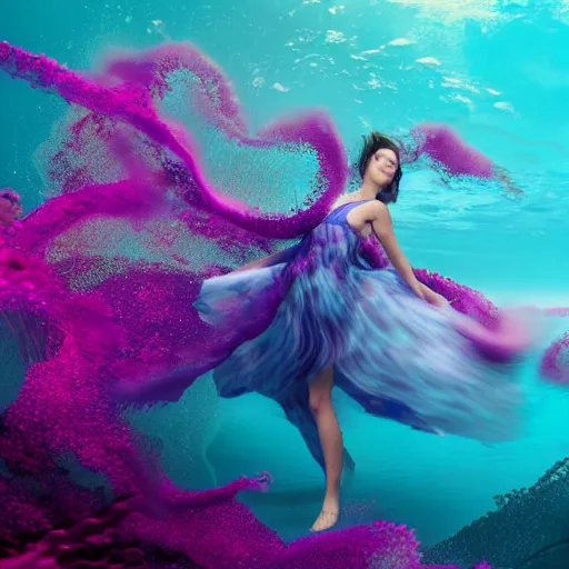 Image similar to woman dancing underwater wearing a flowing dress made of blue and magenta seaweed, delicate coral sea bottom, swirling silver fish, swirling smoke shapes, octane render, caustics lighting from above, cinematic