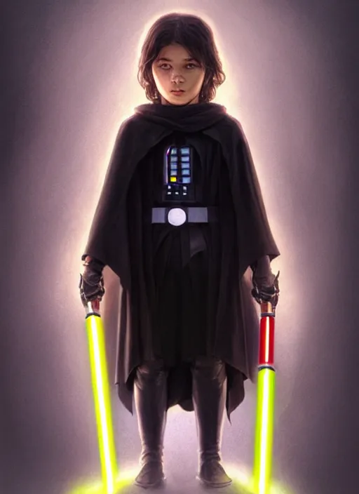 Image similar to perfectly - centered - portrait of a kid wearing black cloak holding light saber, intricate, highly detailed, digital painting, artstation, concept art, smooth, sharp focus, illustration, unreal engine 5, 8 k, art by artgerm and greg rutkowski and alphonse mucha