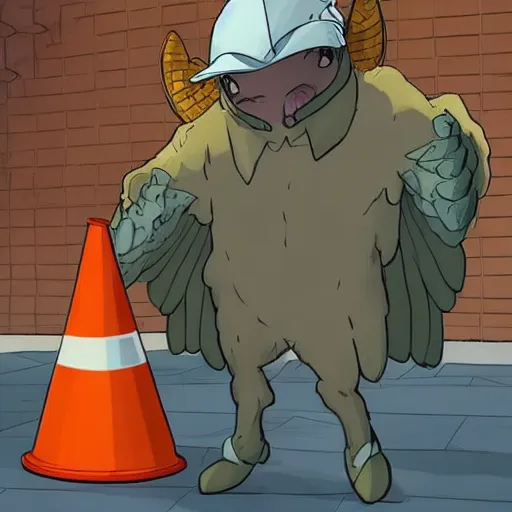 Image similar to ripped physique winged man Norm MacDonald disguised as a mothra whilst wearing a traffic cone hat brian k. vaughan