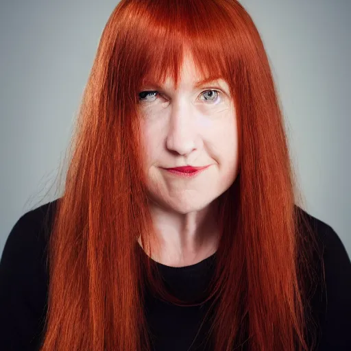 Prompt: A thin, Caucasian red haired woman with an extremely large head in proportion to her face and body, smirking ruefully, professional lighting, portrait shot photography