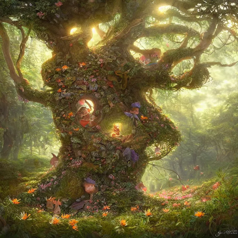 Prompt: 3d illustration of tiny seeds floating around a fairytale tree in a forest glade with daisies by Justin Gerard, evening light, fantasy art, trending on artstation