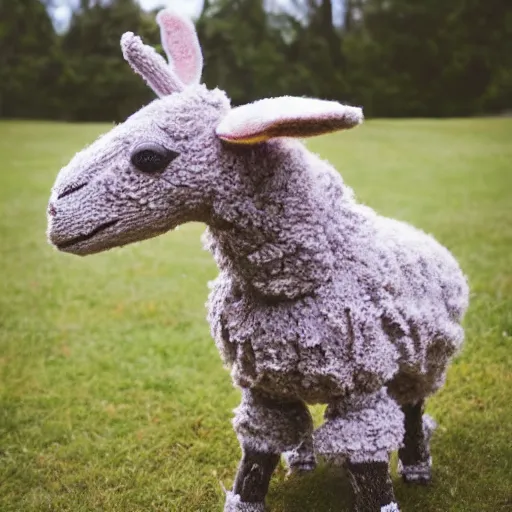 Prompt: bipedal lamb wearing a sweater, portrait photo, movie still,