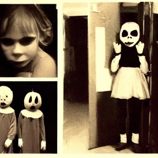 Image similar to children on halloween costumes at night, door eye cam footage, creepy, 8 mm, found footage