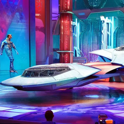 Prompt: a photo still of the Broadway production 'Future World 2050'. Spaceship scene.