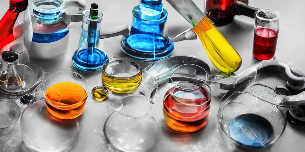 Image similar to instruments being used to mix chemicals, scientist, blender, 3d, apartment