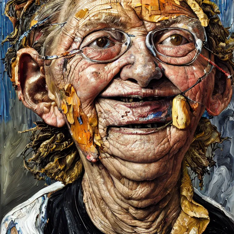 Image similar to an extreme close up portrait a very ordinary old woman with an happy expression, front angle, by Lucian Freud and Jenny Saville and Anselm Kiefer, oil painting, rust, Scaffolding, rusted metal and sunflowers, iron cladding, decay, mixed media, textured, anatomically correct, beautiful perfect face, visible brushstrokes, sharp focus, Highly Detailed, Cinematic Lighting, 8k, HD