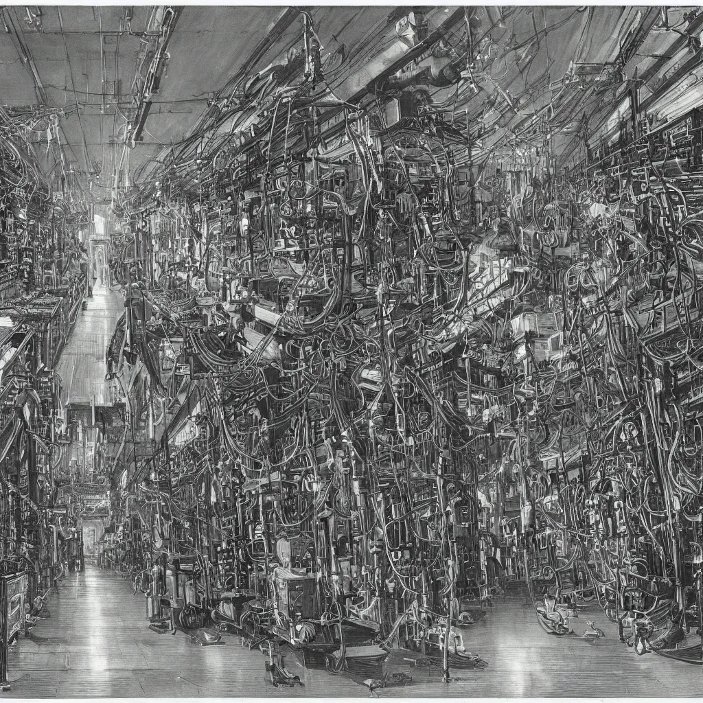 Image similar to An engraving of Max Ersnt in a datacenter, cables, pipes, oil, computers, 1929