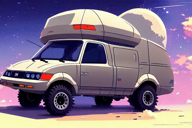 Image similar to 2 0 0 1 space odyssy honda e kei truck with tank treads, painted by greg rutkowski makoto shinkai takashi takeuchi studio ghibli, akihiko yoshida