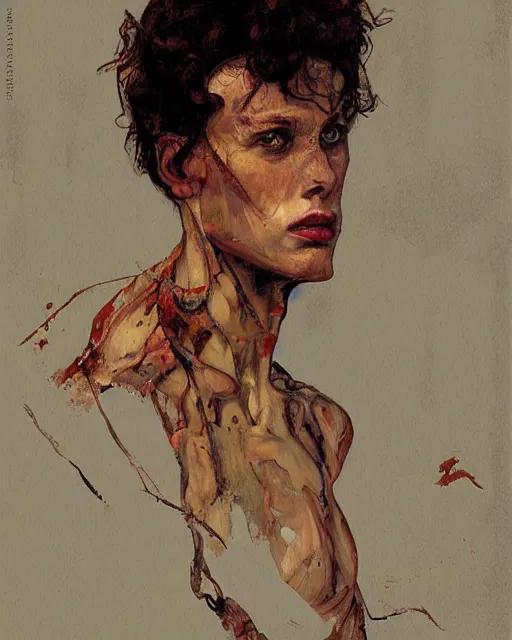 Image similar to portrait of a tyrannosaurus by greg rutkowski in the style of egon schiele