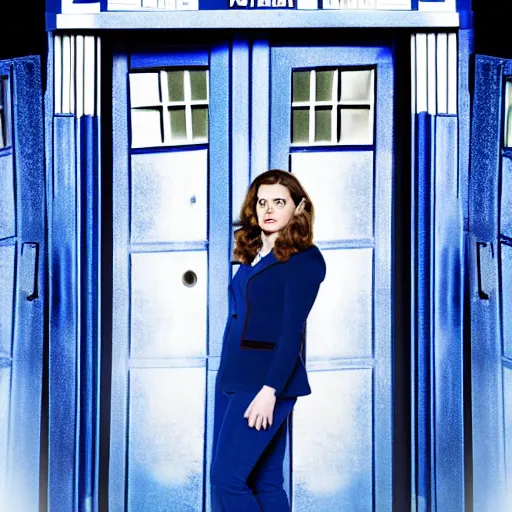 Image similar to a beautiful full body photograph of hayley atwell dressed as ( ( doctor who ) ) standing in front of the tardis, symmetrical face, extreme realism and detail, 8 k, completely framed, direct lighting, 3 5 mm photo, photorealistic, sharp focus