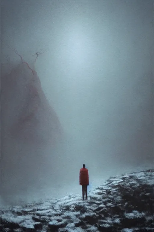 Image similar to a painting of a person standing in the snow, a surrealist painting by zdzisław beksinski and by alena aenami, deviantart, nuclear art, dystopian art, apocalypse landscape, surrealist